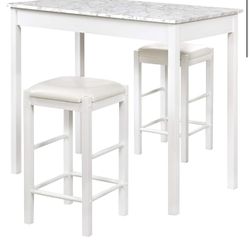White Marble Top Bar Table With 2 Chairs Or Desk