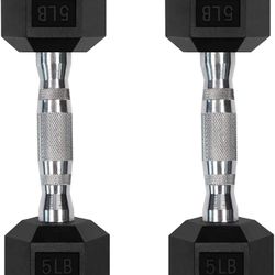 5 Lb Rubber Encased Hex Dumbbell Sets with Optional Rack for Home Gym, Coated Hand Weights for Strength Training, Workouts
