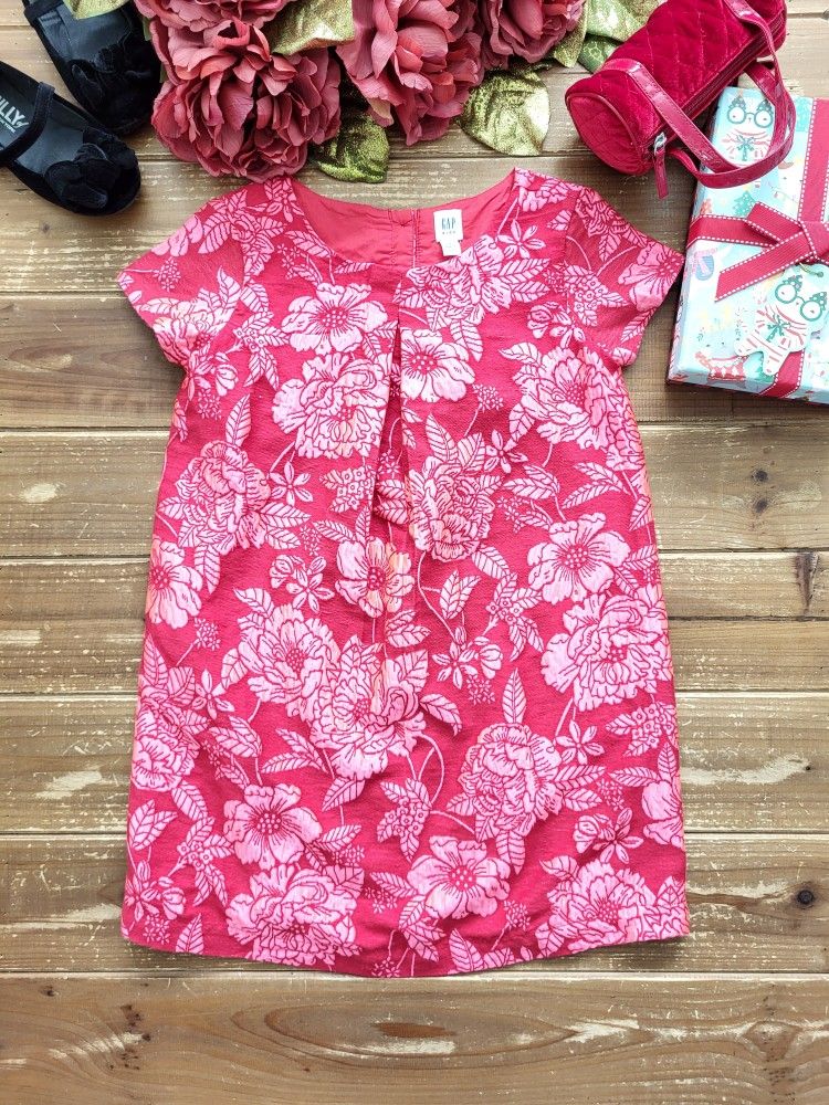 SIZE 6-7 GIRLS RED FLORAL BROCADE SPECIAL OCCASION SHORT-SLEEVE TUNIC DRESS