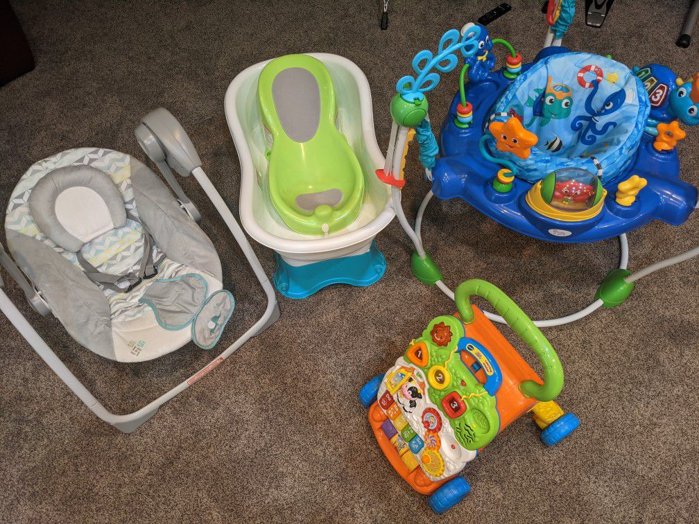 Baby stuff! Jumper, swing, tub and walker