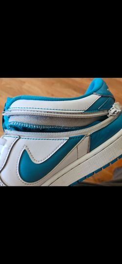 Preowned, Unique Nike Blue and white Air Jordans. Zip-up Lace clouser. High top toe shaft style & runner outsole. MJ retro theme,   leather upper mate