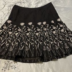 Ladies Christopher & Banks Size 14 Full Black White Floral Linen Rayon Modest Skirt 