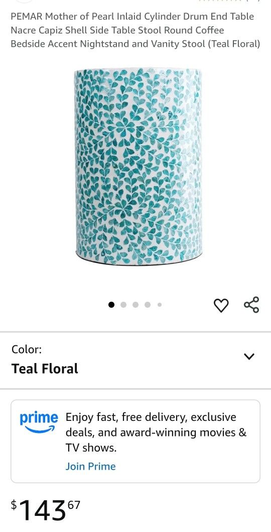 PEMAR Mother of Pearl Inlaid Cylinder Drum End Table Nacre Capiz Shell Side Table Stool Round Coffee Bedside Accent Nightstand and Vanity Stool (Teal