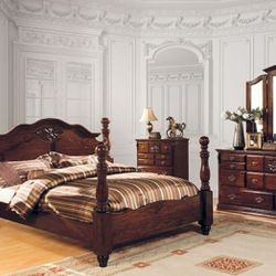 Brand New Dark Pine 4pc Queen Bedroom Set (Available In California & Eastern King)