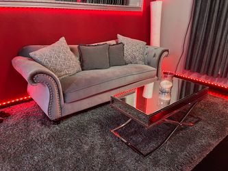 Silver Velour Couch with “Crystal” Button Detail