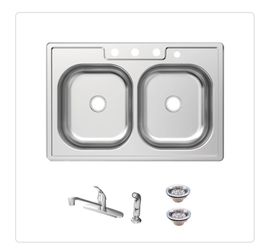 Glacier Bay 33 in. Drop-In 50/50 Double Bowl 20 Gauge Stainless Steel Kitchen Sink with Faucet and Sprayer