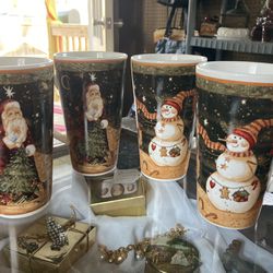 Vintage - New - Set of 4  Santa and Snowman Tall Ceramic Latte Mugs. 1990’s Never Used. 