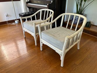 Set of 2 McGuire Rattan Barrel Lounge Chairs – Coastal Boho Wicker Armchairs