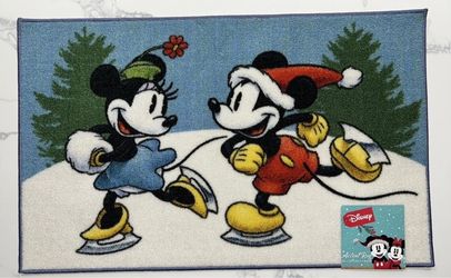 Mickey Minnie Ice Skating Christmas Accent Rug Door Mat New 20” X 32”