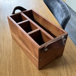 Crate And Barrel Wood Utensil Holder With Leather Handles