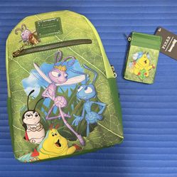 Loungefly Disney Pixar A Bugs Life Heimlich Flik Mini Backpack and Matching Cardholder/ Coin Purse - BOTH NWTS 