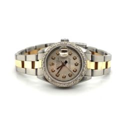 Designs Rolex Datejust 26mm 🤙🏽❤️  Lady's Rolex two-tone Datejust. Customized with yellow gold diamond bezel and tapestry diamond dial. Case measures