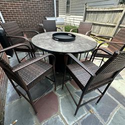 Outdoor Bar Height Fire Pit Table With 6 Chairs