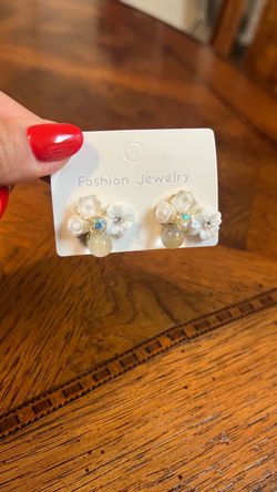 White Floral Post Earrings with Crystal Accents