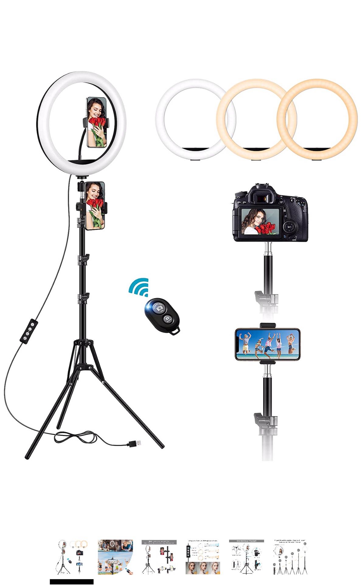 12’’ Selfie Ring Light with Tripod Stand anld Phone Holder, Dimmable LED Beauty Camera Ringlight with Extendable Phone Clip for Makeup, Photography,