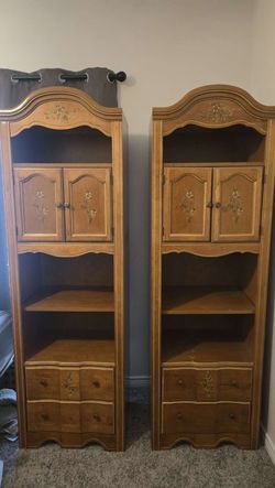 Pair of Vintage Wood Bookcases with Cabinet and Drawers