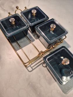 YA JU 4-Compartment Ceramic Snack Serving Tray w/ Lids & Gold Metal Rack Green