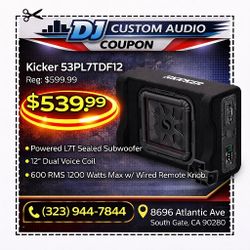 Kicker Powered Subwoofer Solo-Baric L7 12" Shallow Dual Voice Coil Subwoofer Knob L7S10 1200 Watts PL7TDF12 53PL7TDF12 🚨 Payment Option Available 🚨 