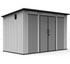 New in Box Domi 6x11FT Outdoor Storage Shed w/ Floor Mat & Sloping Roof Resin Storage