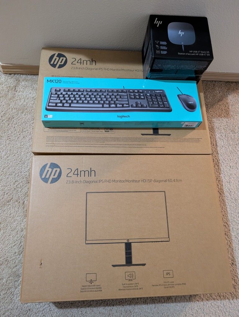 NIB PC Accessories Bundle - 2x 23.8" HP Monitors, HP USB-C Dock G5, Logitech MK120 Keyboard & Mouse