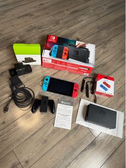 Nintendo Switch Neon Red Blue Complete in Box w/ Dock Charger HDMI + Charging Dock