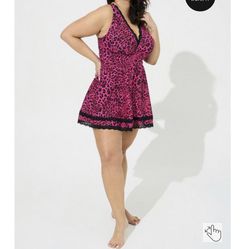 Wireless Mid Lace Trimmed Swim Dress With Brief