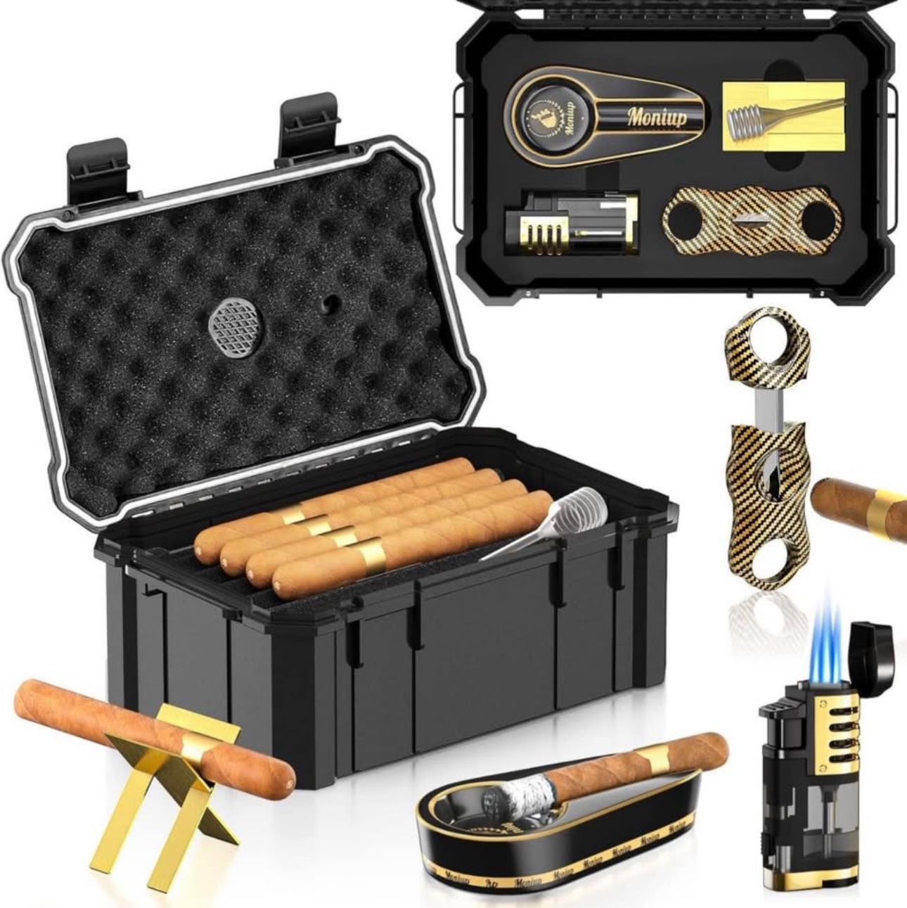 BRAND NEW Travel Cigar Humidor Set with Torch Cigar Lighter