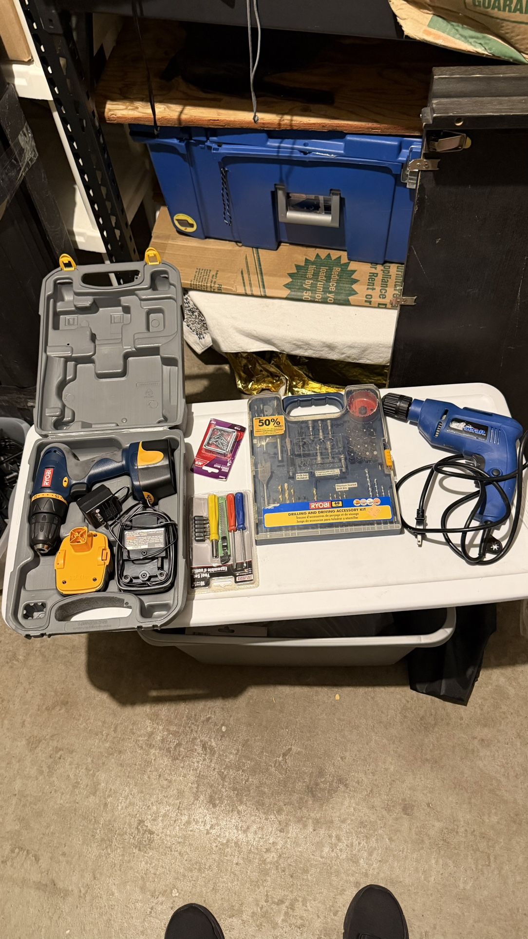 Ryobi 12V Cordless Drill + Mastercraft Corded Drill & Ryobi Bit Set