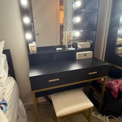 PakaLife Vanity Desk Set with Lighted Mirror, Makeup Vanity Dressing Table with LED Light, Cushioned Stool, Storage Shelves, Drawers, Corner Vanity fo