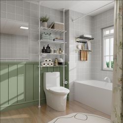 White Bathroom Organizer, 4-Tier Over-The-Toilet Storage, Adjustable Floor to Ceiling Storage Shelves