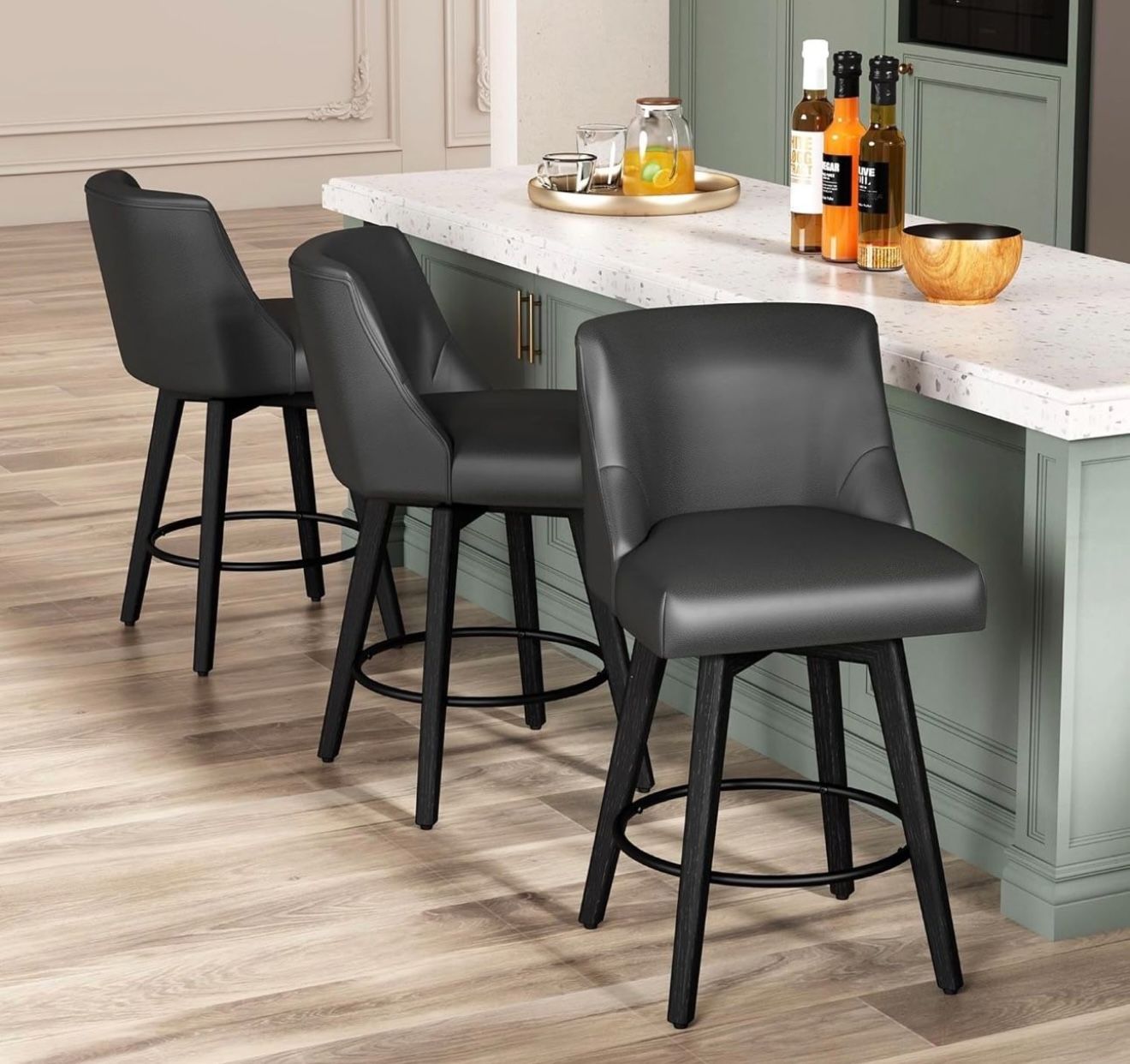 Assembled Set Of 2 Modern Counter Stools with Back for Kitchen Island, Solid Wood Legs, Rustic Black