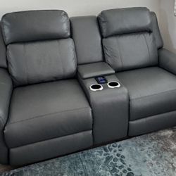 Grey Power Recliner Loveseat w/Power Headrest, Lumbar & Console