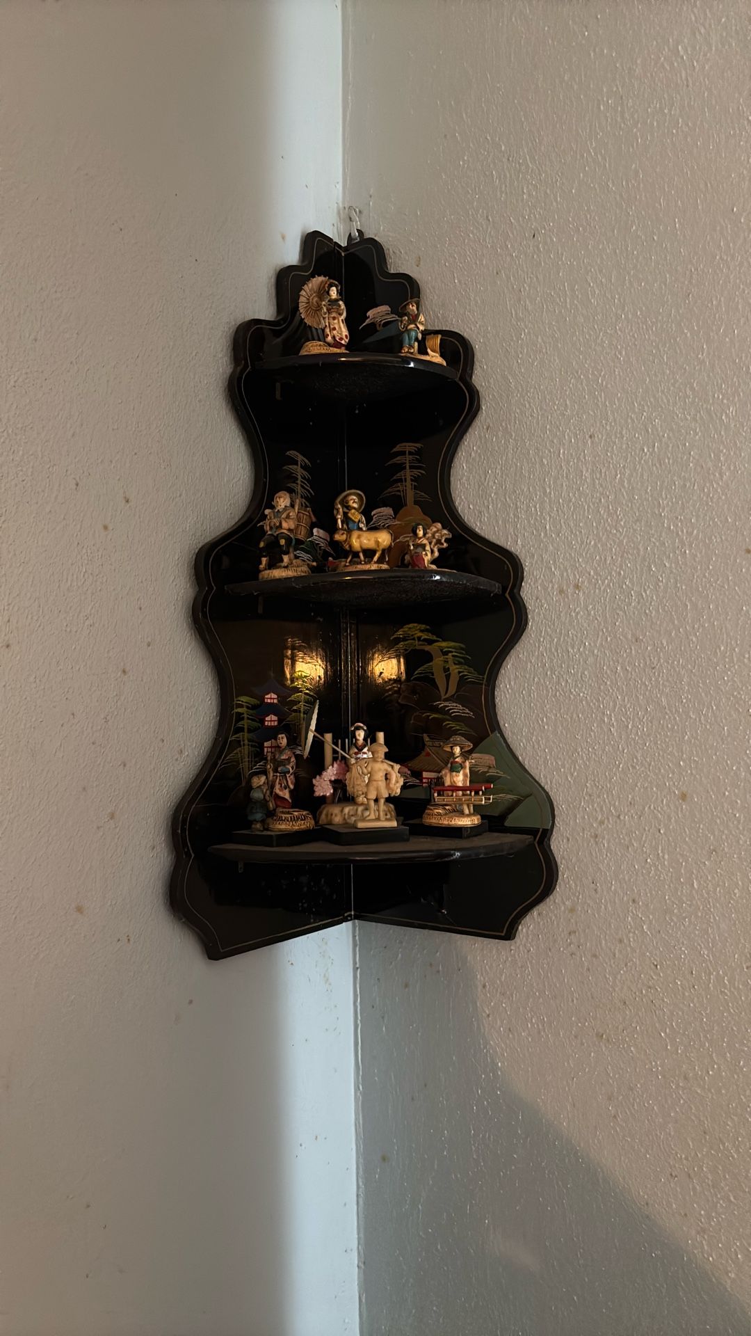 Vintage Black Lacquer Corner Shelf