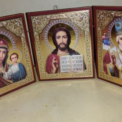 Vintage Russian Christian Orthodox Icon Triptych Virgin Mary,Jesus the teacher and St. Nicholas 18 In By 7 In 