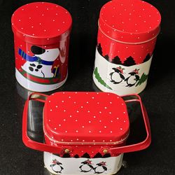 🎄⛄️ Set of 3 Christmas/Holiday Tin Containers, Lids, Handles (brand new)