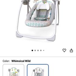 Bright Starts Portable Automatic 6-Speed Baby Swing with Adaptable Speed, Taggies, Music, Removable-Toy-Bar, 0-9 Months 6-20 lbs (Whimsical Wild)