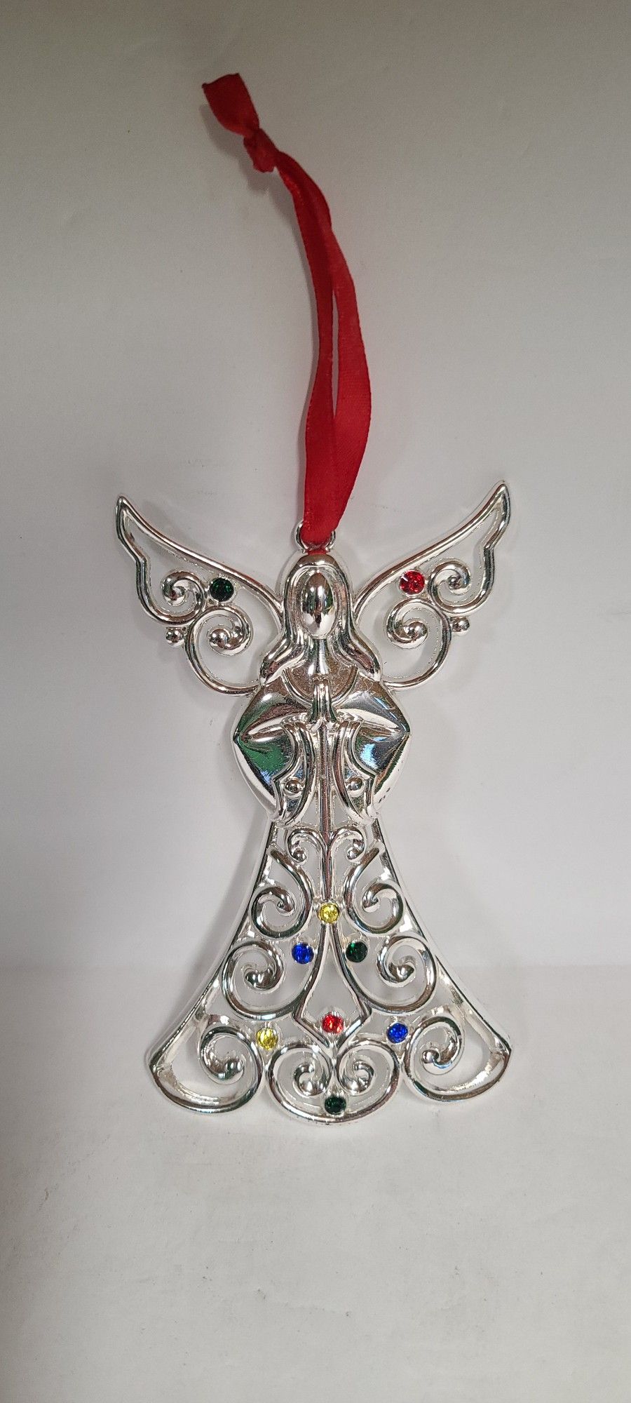 Beautiful Lenox Angel Christmas Ornament With Silver Plate Scroll And Multi Color Crystals