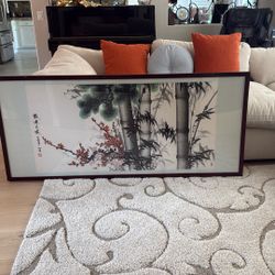 Oversized Framed Asian Bamboo & Plum Blossom Wall Art – 70” Wide