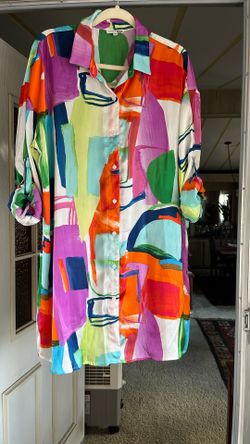Multicolored Satin Button up Shirt Dress L