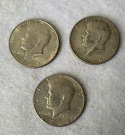 3 coins: two 1968 & one 1966 Kennedy Half Dollar 50C 40% silver coins
