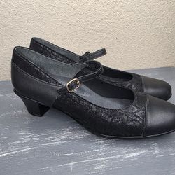 SAS Women 9 N Black Leather Isabel Cap Toe Mary Jane Snake Print Shoes Heels