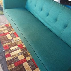 Mid Century Convertible Futon. Tufted Back & Track Arms, Green,  In Excellent Condition.
