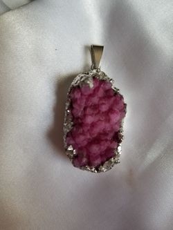 Pink druzy gemstone wrapped in Sterling silver pendant 2" long