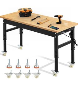 60-inch adjustable workbench, heavy-duty workstation with power outlets, rubberwood top work table for garage, workshop, home, commercial use.