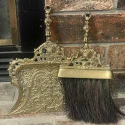Vintage Andrea by Sadek Brass Ornate Duster Fireplace Pan & Crumb Catcher Set