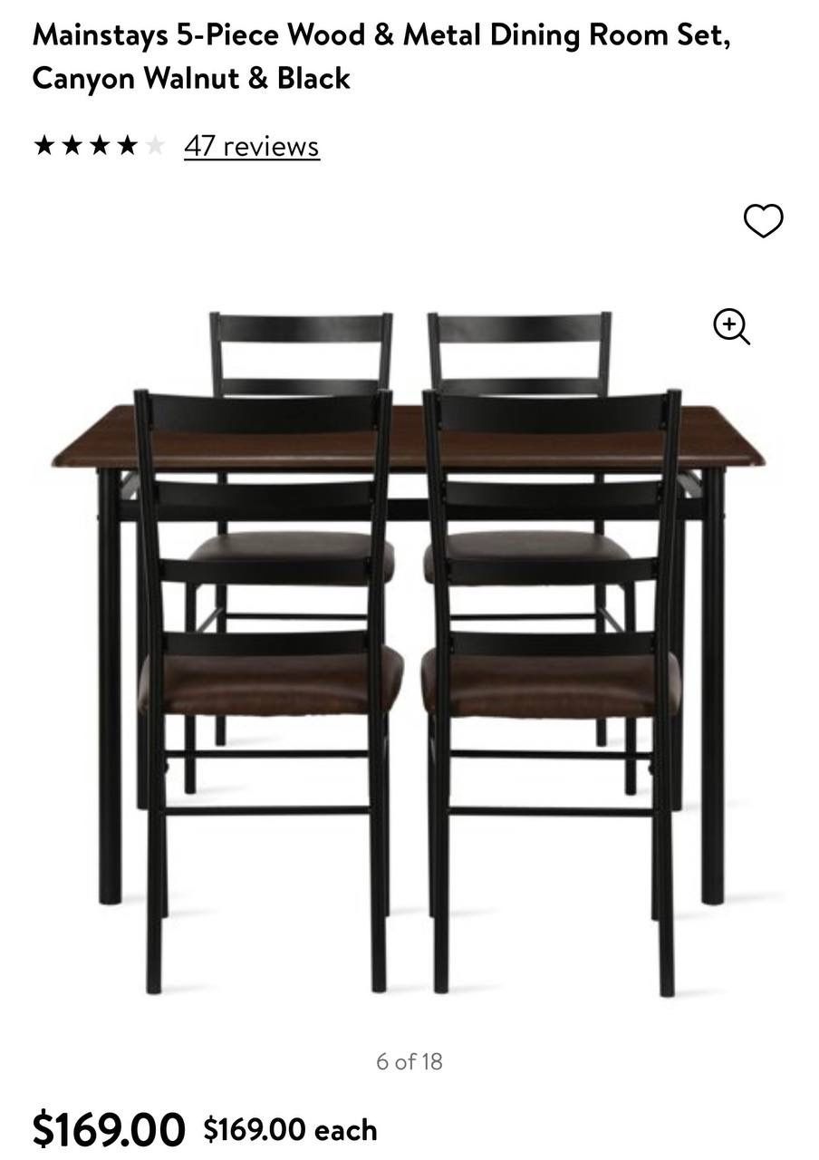 Mainstays 5-Piece Wood & Metal Dining Room Set, Canyon Walnut & Black