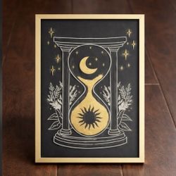 Gold Framed Celestial Hourglass Wall Art – Moon & Sun Decor 