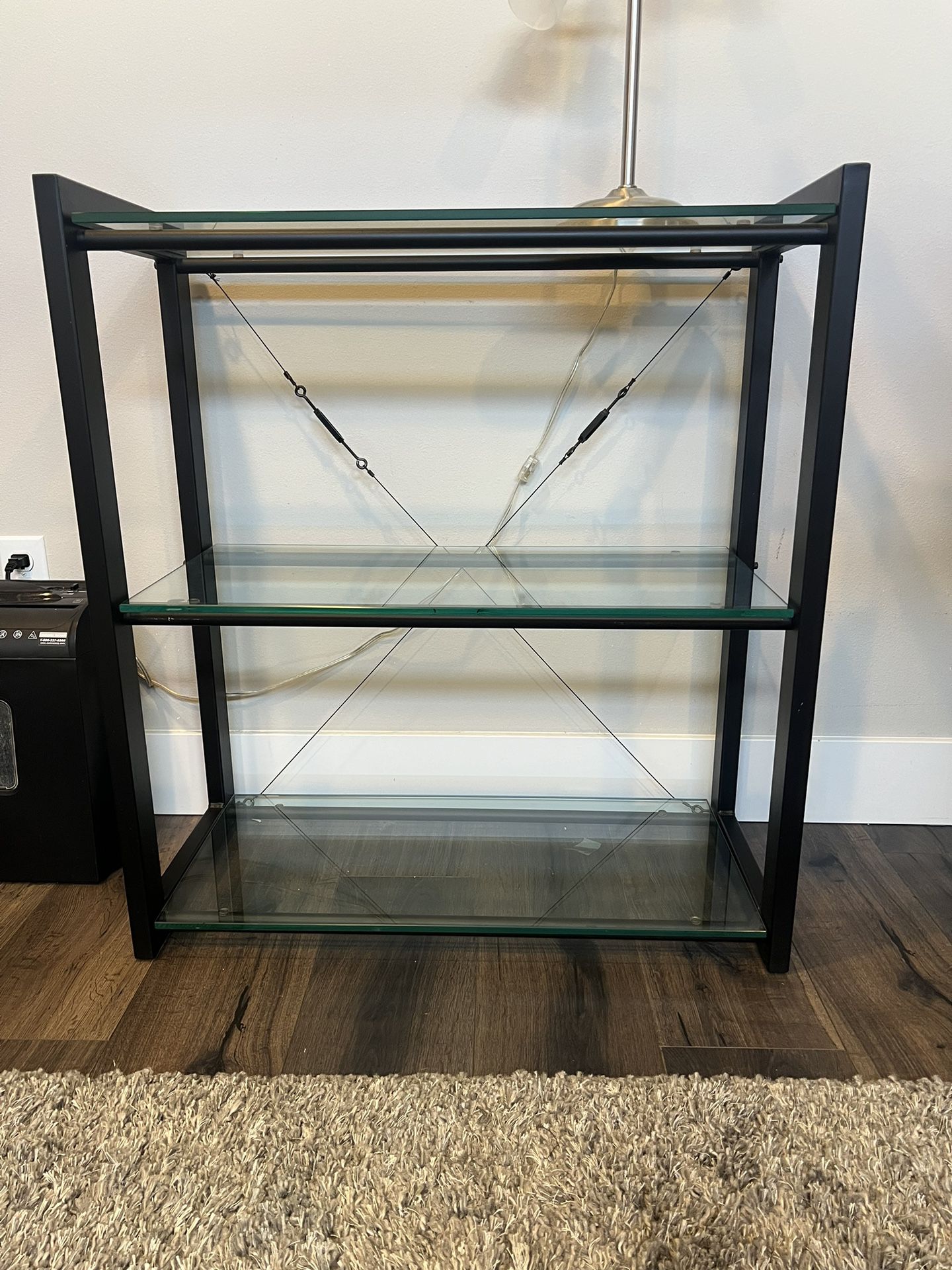 Industrial wrought iron metal frame open 3-tier glass display shelves, bookshelf 