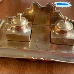 Vintage 1880S Antique Brass Double Ink Well Set Made In England (Weighs 4 1/2 Lbs)