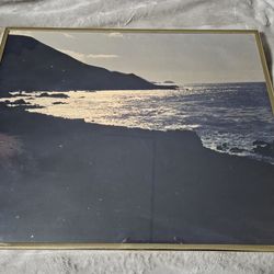 Vintage 16x20 Framed Big Sur California Coastline Photo – Shimmering Ocean at Dusk